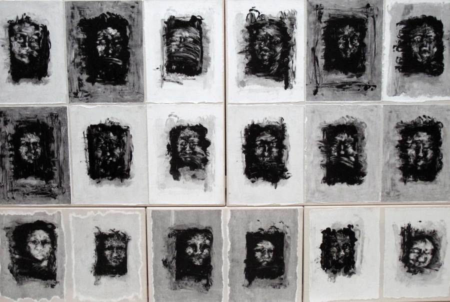 Faces, detail of a panel of 40 monoprints on canvas, 100 x 190 cm, 2012